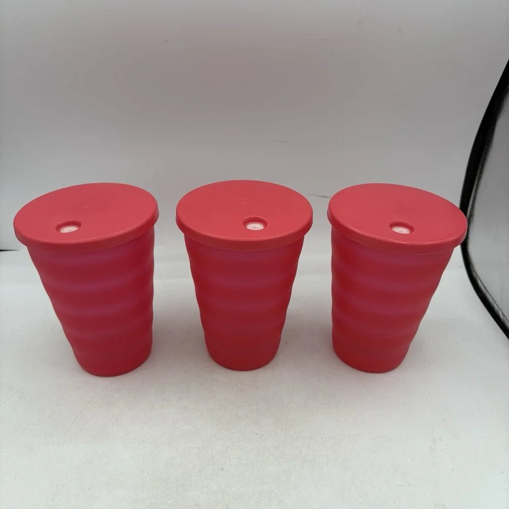 Tupperware Impressions Tumblers 16 oz 500ml with Straw Seal Lids Red Lot of 3